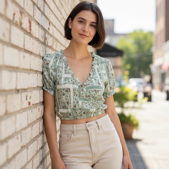 ALTAR'D STATE ☆ Sage Floral Faux Wrap Crop Top - Picture 1 of 6